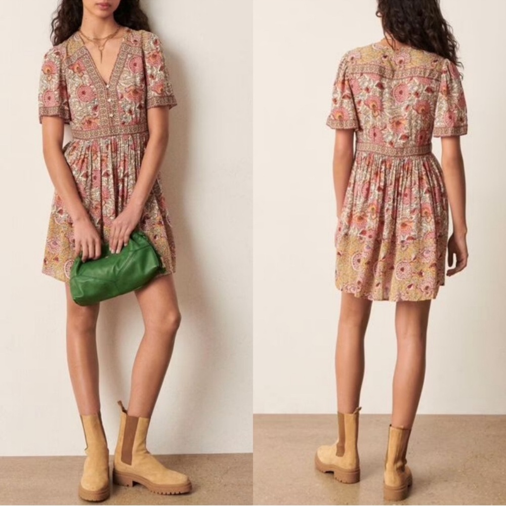 ba&sh | Valia Floral Print Short Sleeve Boho Mini Dress 1E22VALI Ocre (XS 2)